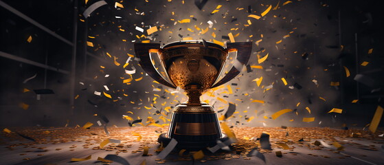 Wall Mural - Trophy cup. Gold first place winners trophy with falling confetti and streamers. Champion trophy, shiny golden cup falling confetti for sport award. Winner prize, champions. Generative ai