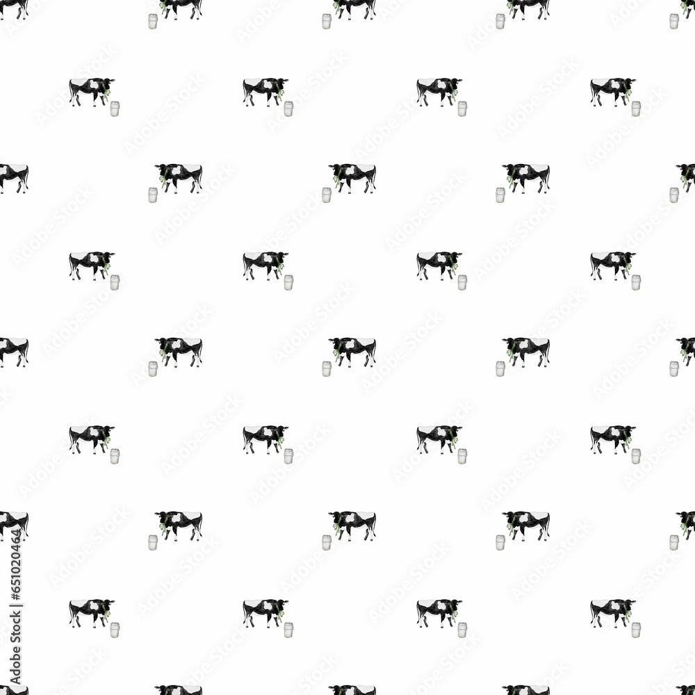 seamless pattern drawn by hand. cute cow with bow and can. farm rural ...