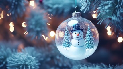 Wall Mural - christmas ornaments xmas ball hanging on the branches of a christmas tree on winter. background merr
