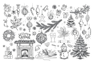 Christmas set in sketch style. Hand drawn illustration.