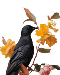 Wall Mural - Raven on a branch with flower isolated on white cutout