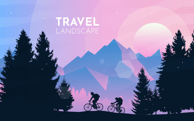 Wall Mural - A couple of cyclists in the mountains. Mountain bike. Travel concept of discovering, exploring. Cycling. Adventure tourism. Flat design for coupon, voucher, gift card. Minimalist vector illustration