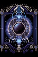 vector lines art black tarot card beautiful moon surrounded by two blue crystals and stars purple blue white magical symbols symmetrical design symmetry illustration elegant 