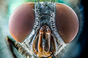 close up of a fly, macro sharp and detailed fly compound eye surface.