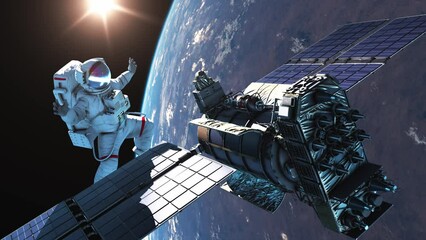Canvas Print - astronaut working on a satellite in space