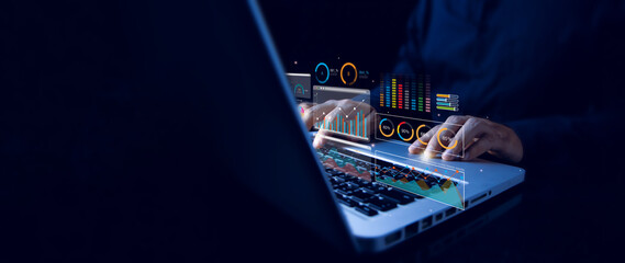 analyst working with computer in business analytics and data management system with kpi and metrics 