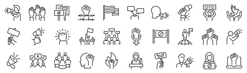 Set of 30 outline icons related to activism, protest. Linear icon collection. Editable stroke. Vector illustration