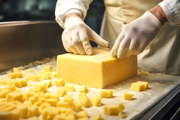 worker testing quality of cheese on background