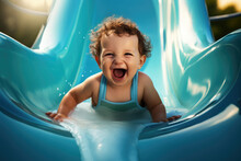 Laughing Baby Play Water Slide In A Pool