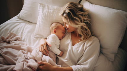 a mother with a newborn baby at home in a cozy bed, portraying a family idyll.