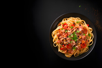 Fettuccine pasta with meat ragout sauce in a black bowl,Gray background, copy space, top view.