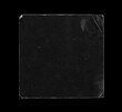Old Black Square Empty Aged Damaged Paper Cardboard Photo Card Isolated on Black.  Folded Edges. Square CD Vinyl Cover Package Envelope. Rough Grunge Shabby Scratched Torn Ripped Texture. 