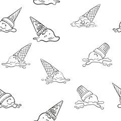 Wall Mural - Dropped melted ice cream doodle seamless background, Cartoon black line sketch repeating pattern on white background