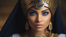 Young Beautiful Woman In The Image Of An Ancient Egyptian Queen On A Dark Background