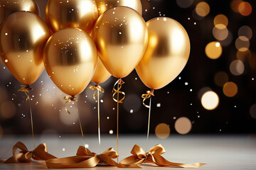 Wall Mural - Colorful golden balloon in dark room. Balloons in room decorated for birthday party. Golden bokeh background