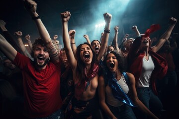 Canvas Print - Group of football fans are cheering for their team victory mix colour t shirt. Generative ai