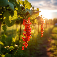 Wall Mural - A branch with natural currants on a blurred background of a currant garden at golden hour