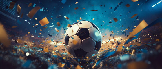 Wall Mural - Soccer ball ! Close up of a soccer ball in the center of the football stadium illuminated by the headlights with falling confetti. Goal Winning celebration as its peak moment. Generative ai