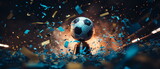 Fototapeta Fototapety sport - Soccer ball ! Close up of a soccer ball in the center of the football stadium illuminated by the headlights with falling confetti. Goal Winning celebration as its peak moment. Generative ai