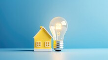 White Light Bulb Beside Wooden House Model On Bright Blue Background. Energy Saving Light Bulb. Energy Efficient Home, New Home Idea. Energy Saving. Technology Protection Of The House From The Cold.