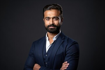 Proud and confident bearded Indian investor, wealthy ethnic CEO