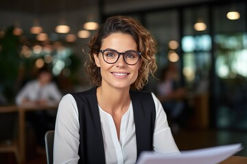 Wall Mural - Smiling mature businesswoman HR holding CV in a job interview. Happy middle-aged professional financial bank manager.