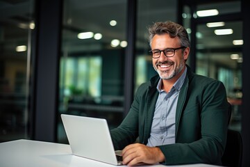 Wall Mural - Happy and busy middle-aged businessman, professional expert, or entrepreneur making a video call.