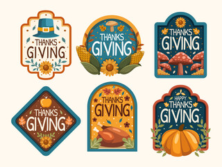 Vector Illustration Thanksgiving text Typography label collection for seasonal warmth and gratitude with natural colors. 
Ideal for cards, invitations, labels, social media, animation, and more