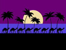 Landscape With Palm Trees And Camels At Dawn. Black Silhouettes Of Palm Trees On The Shore In A Minimalist Style. Camel Caravan At Sunrise On The Seashore. Vector Illustration