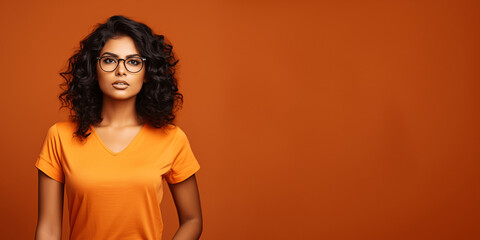 Wall Mural - Attractive indian woman wearing orange t-shirt and glasses. Isolated on orange background.