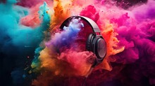 World Music Day Banner With Headset Headphones On Abstract Colorful Dust Background. Music Day Event And Musical Instruments Colorful Design