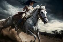 A Very Beautiful Faced Mexican Vaquera Riding A Beautiful Appaloosa Horse At A Full Gallop Riding Along Side His Beautiful Faced Mexican Wife Who Is Riding An Arabian Horse With Rolling Dark Rolling 