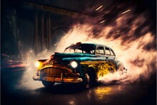 Exploding New York City Taxi At Night Under The Brooklyn Bridge Fantasy Cinematic Lighting 4k Color High Definition 1950s Era Photograph Hyper Realistic Ultra HD 
