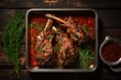 Homemade braised lamb shanks with sauce and herbs.