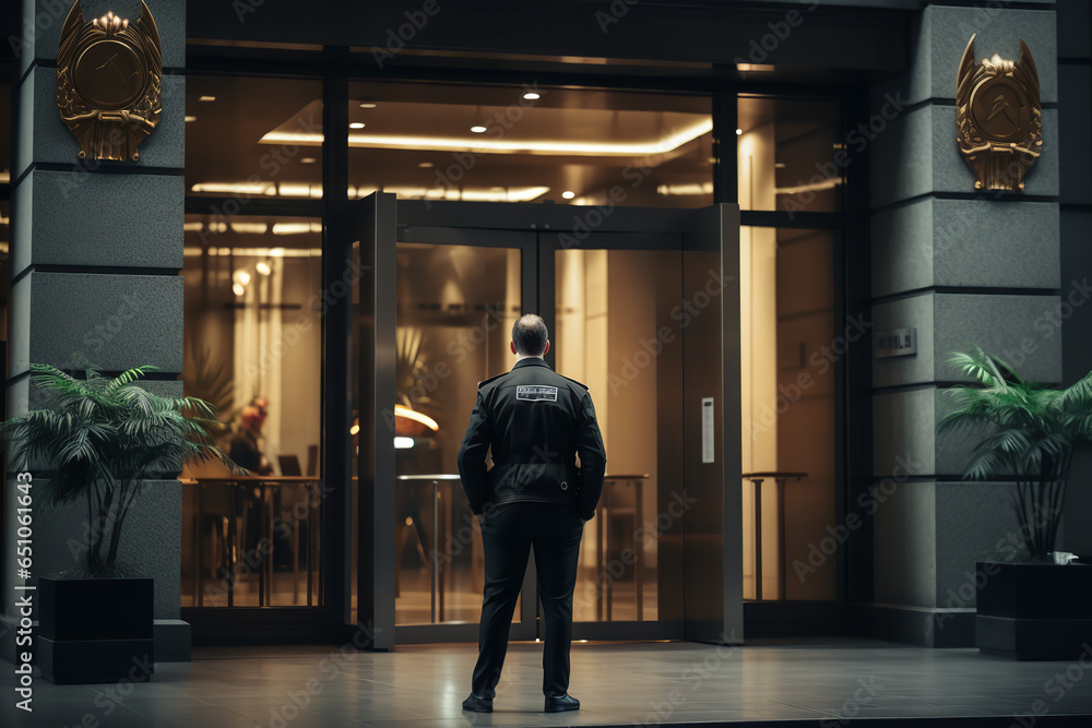 A vigilant security guard stands by the entrance of a bank, ensuring ...