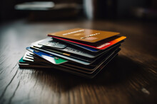 A Stack Of Credit Cards Is Placed Next To A Printed Bank Statement, Both On A Wooden Table, Illustrating Personal Finance