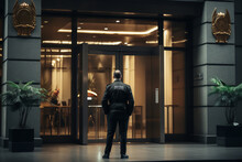 A Vigilant Security Guard Stands By The Entrance Of A Bank, Ensuring Safety For Both Customers And Staff