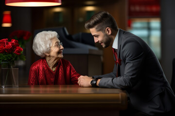 Wall Mural - A bank employee is assisting an elderly woman , highlighting customer service in banking