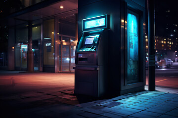 Wall Mural - An ATM machine is seen dispensing cash under a dim streetlight, emphasizing the 24/7 access to banking services