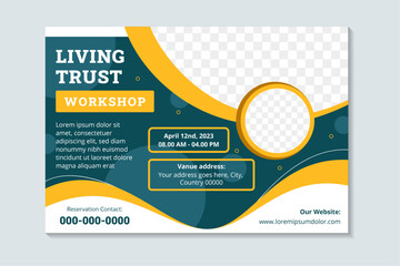 living trust workshop flyer template in horizontal layout. green background with circle ornament. yellow and white elements. mental health coaching banner with space for photo collage and text.