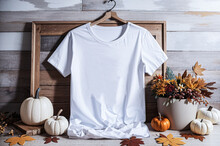 White T-shirt On A Light Wooden Background Decorated With Pumpkins And Yellow .leaves. Generative AI.