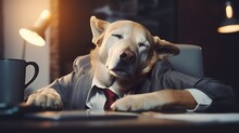 Burnout Dog In Businessman Suit At Office Desk.