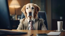 Burnout Dog In Businessman Suit At Office Desk.
