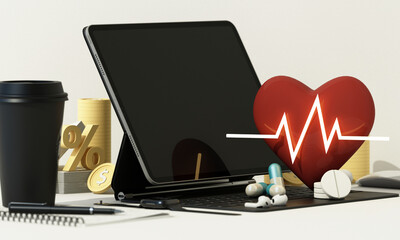 Wall Mural - Concepts of health care and heart disease, financial planning for medical treatment. Saving money for use in emergencies Surrounded by heart shape and pulse lines. 3d rendering