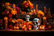 Traditional Mexican Day Of The Dead Altar With Sugar Skulls And Candles