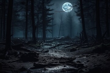 Canvas Print - A creepy dark night with a full moon in the forest