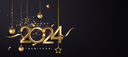Wall Mural - 2024 gold number for New Year celebrations with balls, ribbons and shimmering particles on dark black background. Premium vector design for banners, posters, newsletters and other purposes.