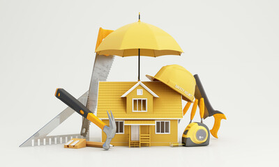 Poster Loan and insurance for Houses and real estate or calculating home construction costs Surrounded by equipment and tools of safety first for contractor. 3d rendering on white background