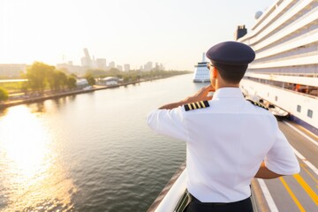 back view happy excited young cheerful male man captain luxurious cruise crew ship liner tour standi