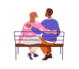 Wall Mural - Love couple sitting on bench, hugging, back view. Man and woman embracing from behind. Romantic male and female valentines together. Flat graphic vector illustration isolated on white background